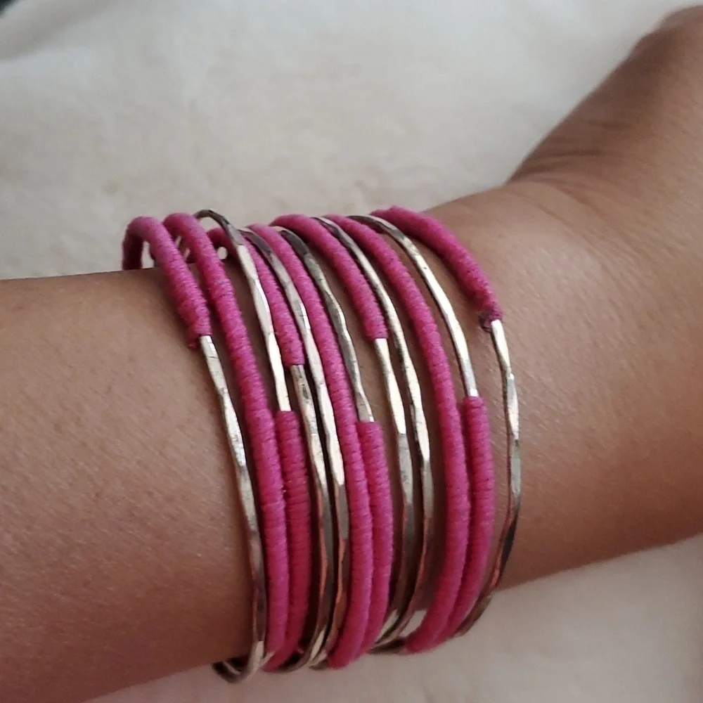 HOT PINK SILVER TONE MULTI STRAND CUFF BRACELET